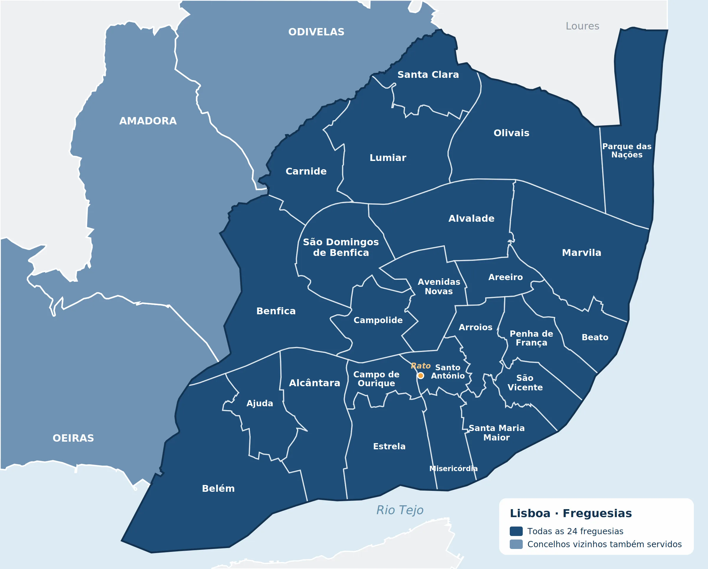 Mapa das freguesias de Lisboa e concelhos vizinhos servidos pela Brave Care